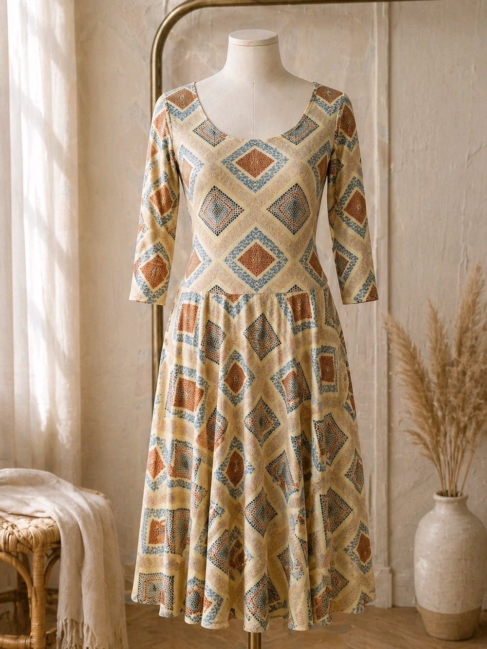 LuLaRoe Nicole Dress XS Geometric Diamond Print Fit & Flare Boho Chic Retro